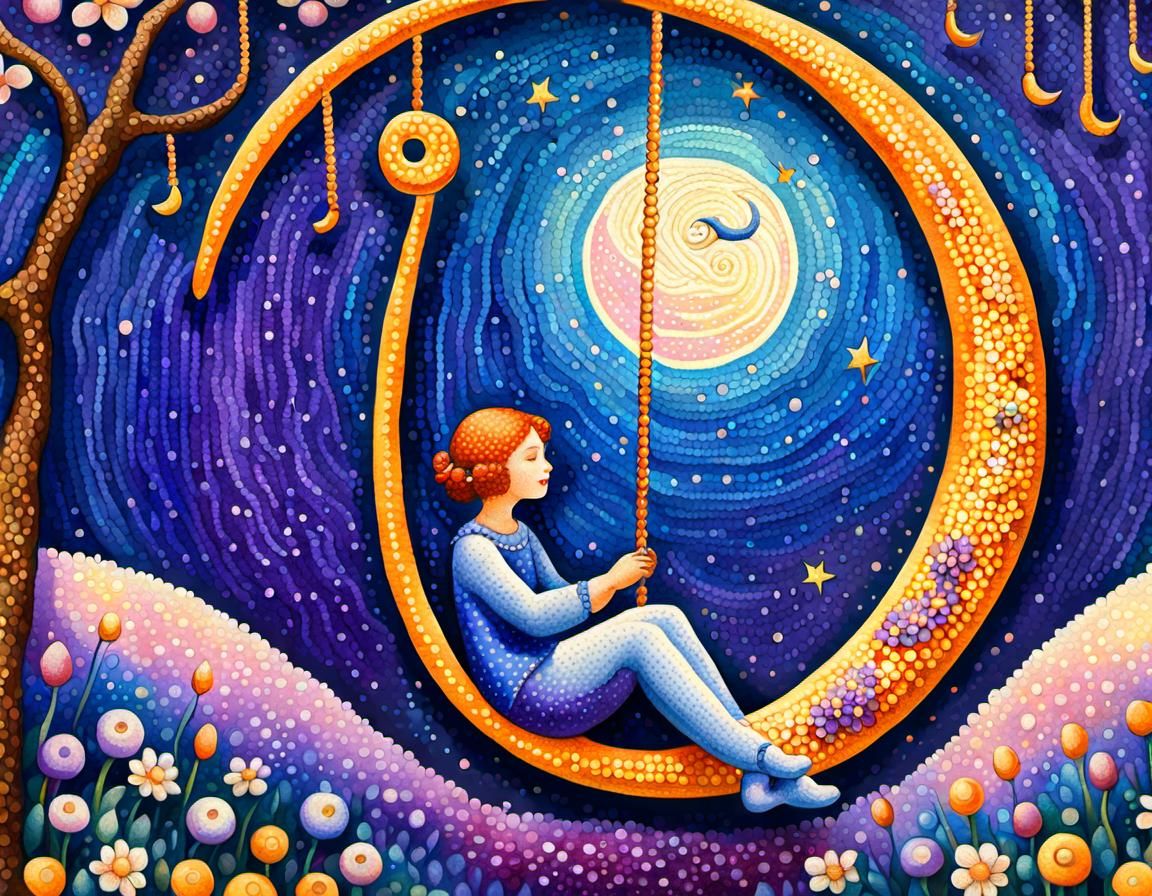 Pointillism Art: The woman on the swing under the moon 04