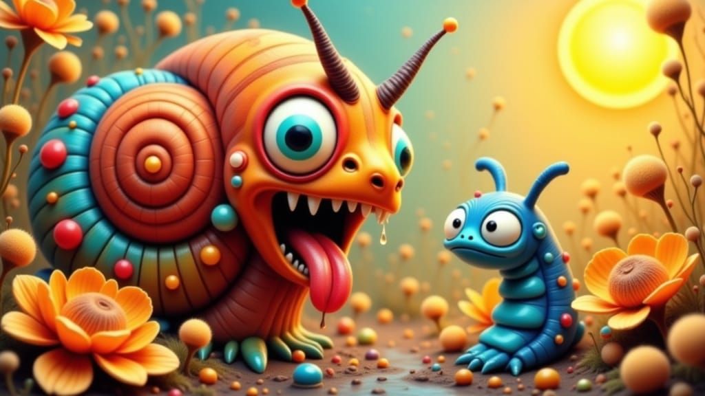 Surreal Snail Wonderland in Vibrant, Dreamlike Colors