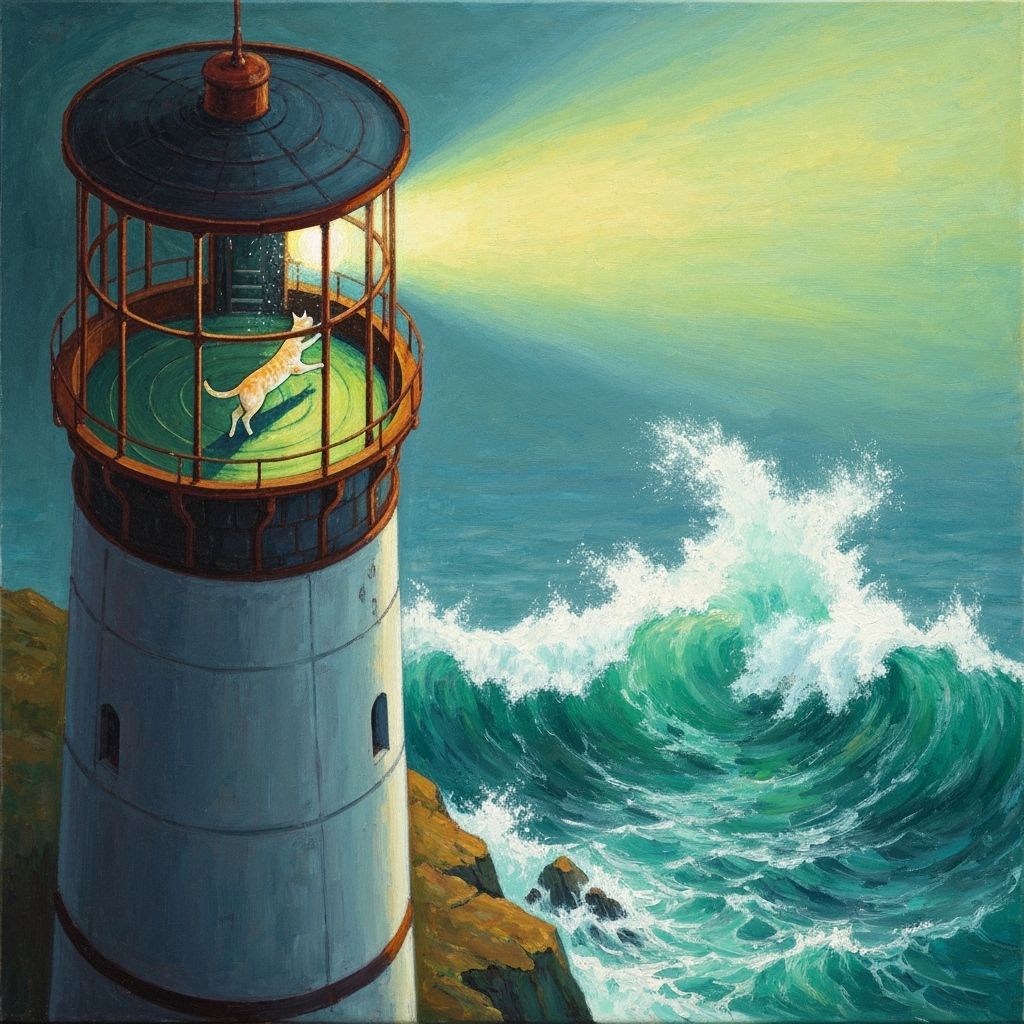 Whimsical Lighthouse Cat in Earth Tones, Impressionism