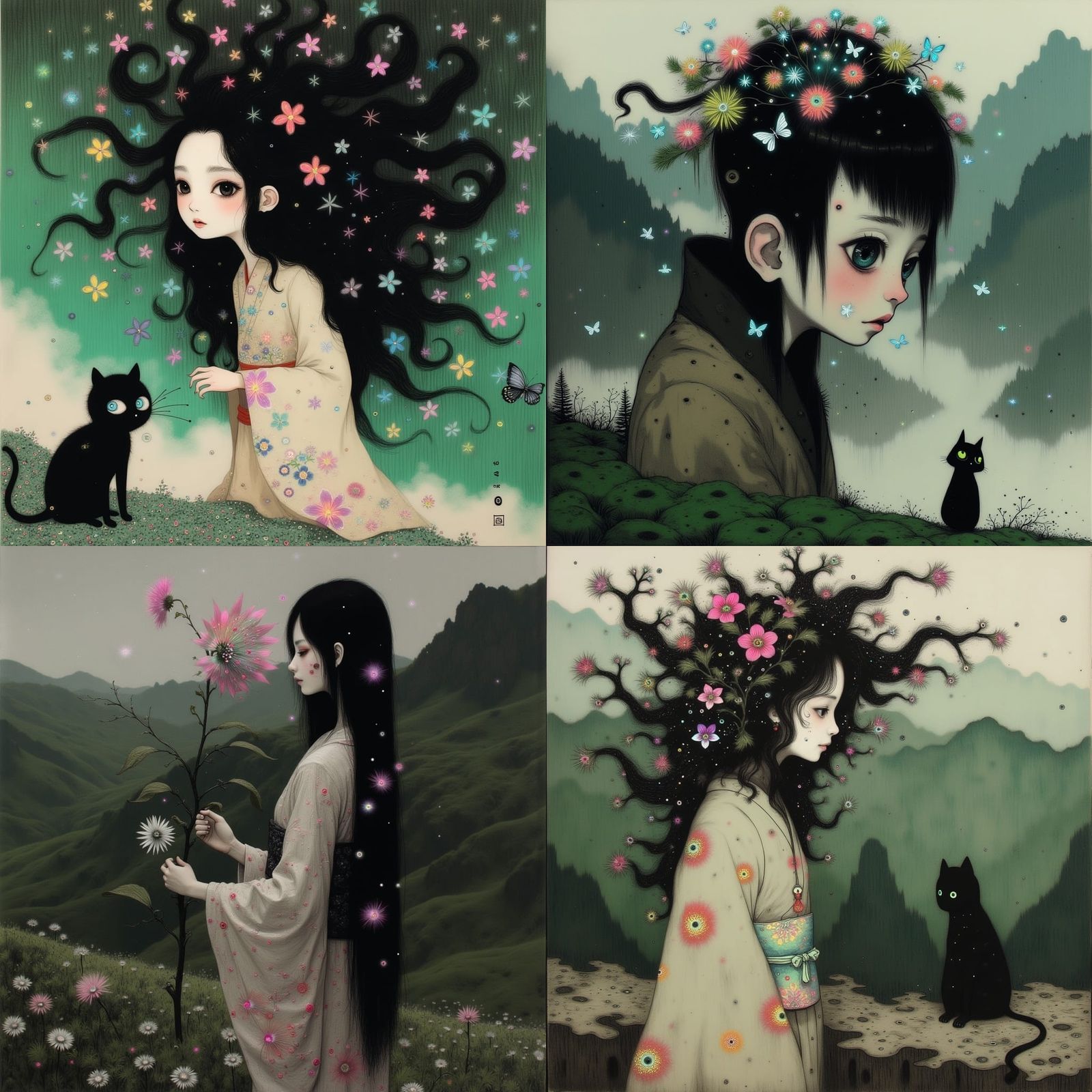 Enigmatic Yamahime Goddess in Ancient Kimono with Cherry Blo...