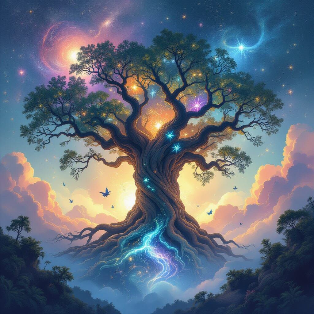 Ancient Cosmic Tree in Nebula, Watercolor Fantasy Art