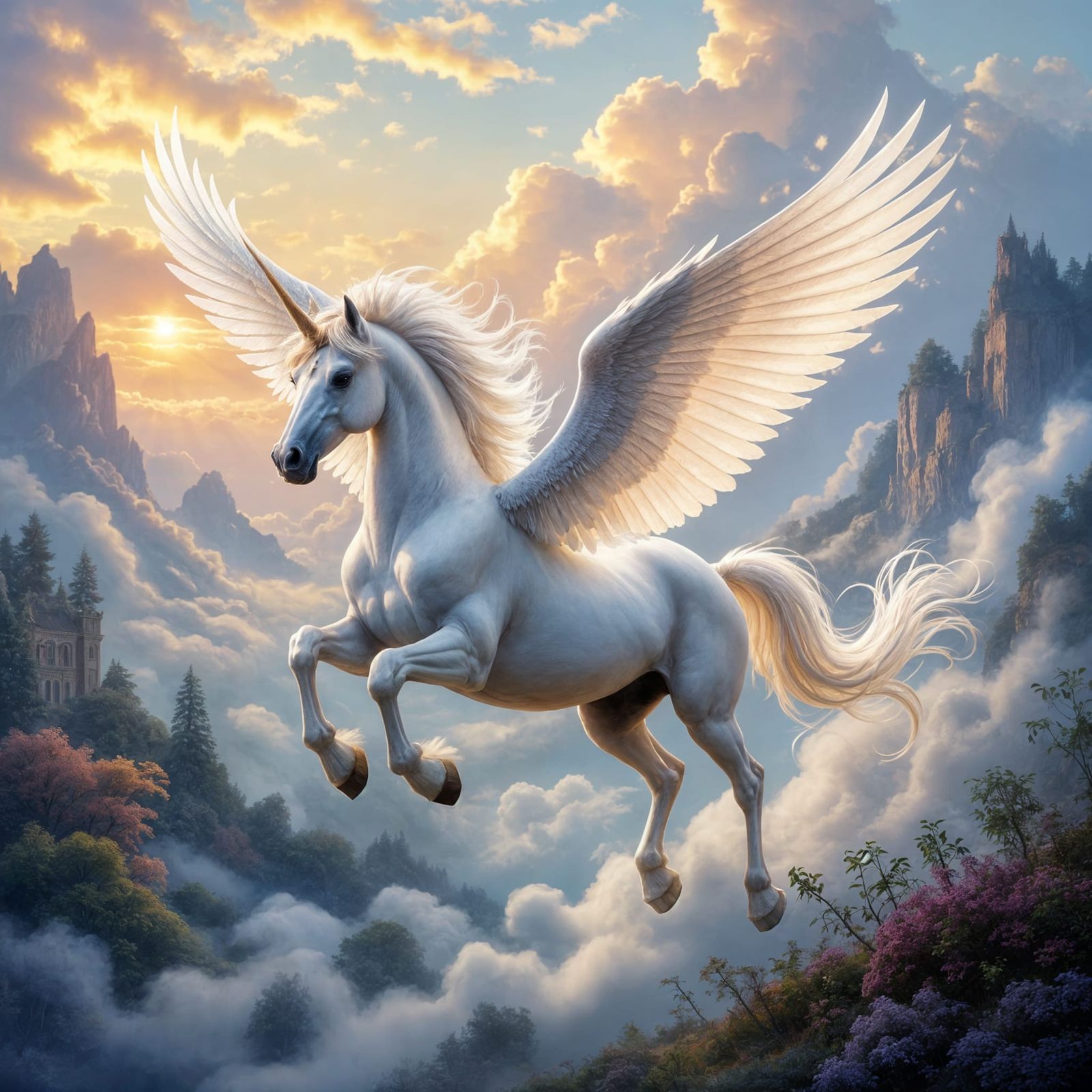 Ethereal Winged Horse in Fantasy Landscape