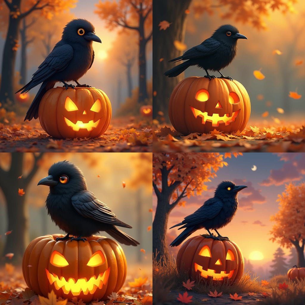 Cute Crow on Jack-o-Lantern Autumn Children's Book Art