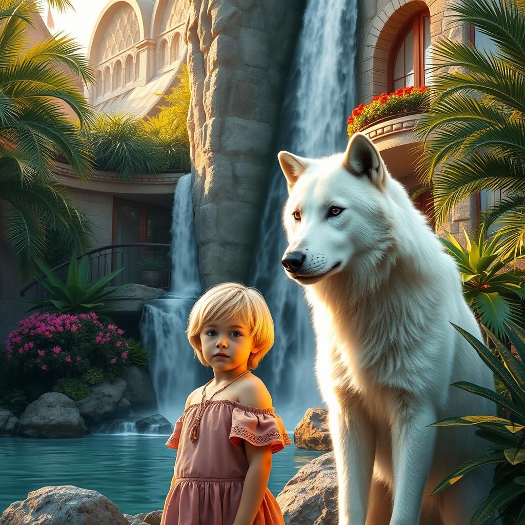 White Wolf and Child in Hyperrealistic Garden Scene