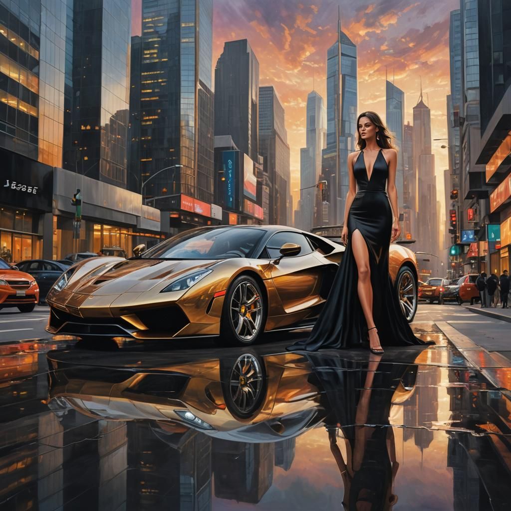 Supercar and Woman in Cityscape, Photorealistic Style