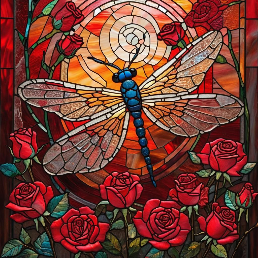Stained Glass Dragonfly with Red Roses