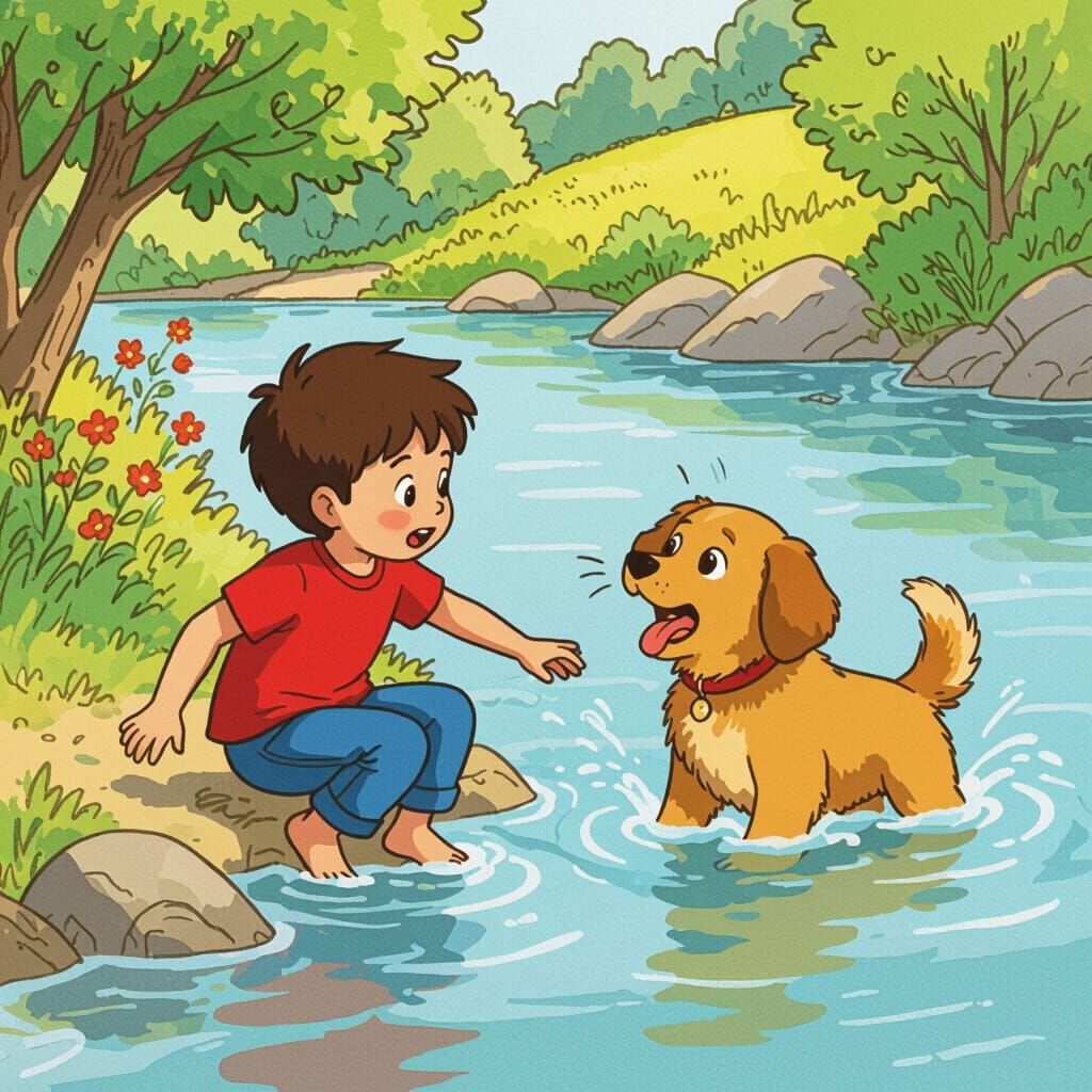 Boy Slipping into River: Cartoon Illustration