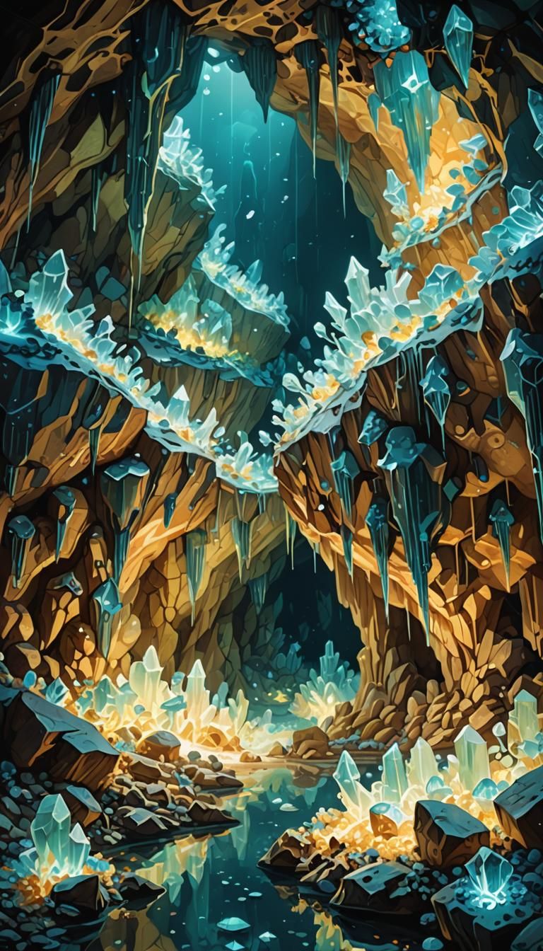 Bioluminescent Cave Art with Glowing Zeolite Crystals