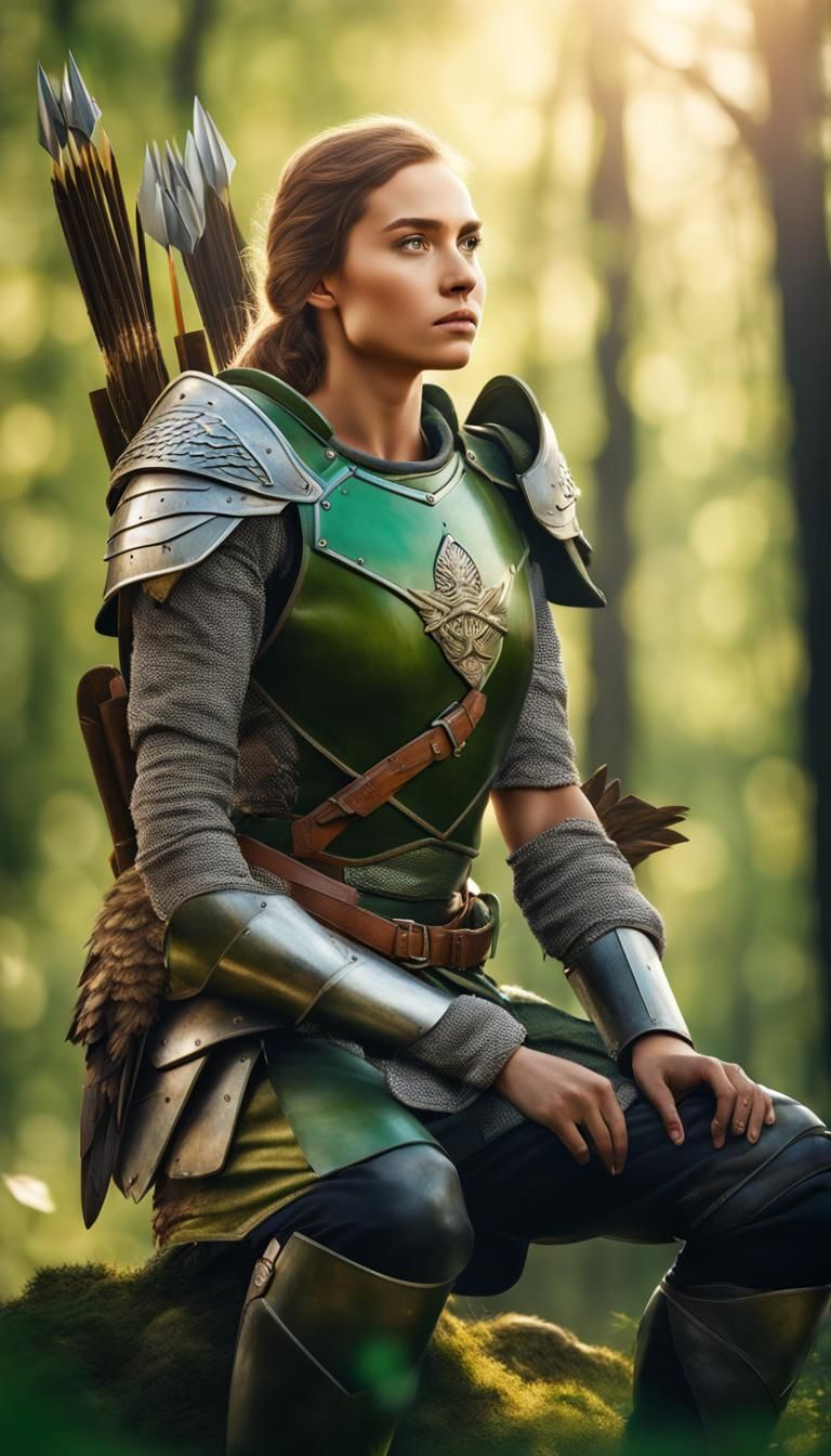 Armored Woman with Falcon in Sunny Forest