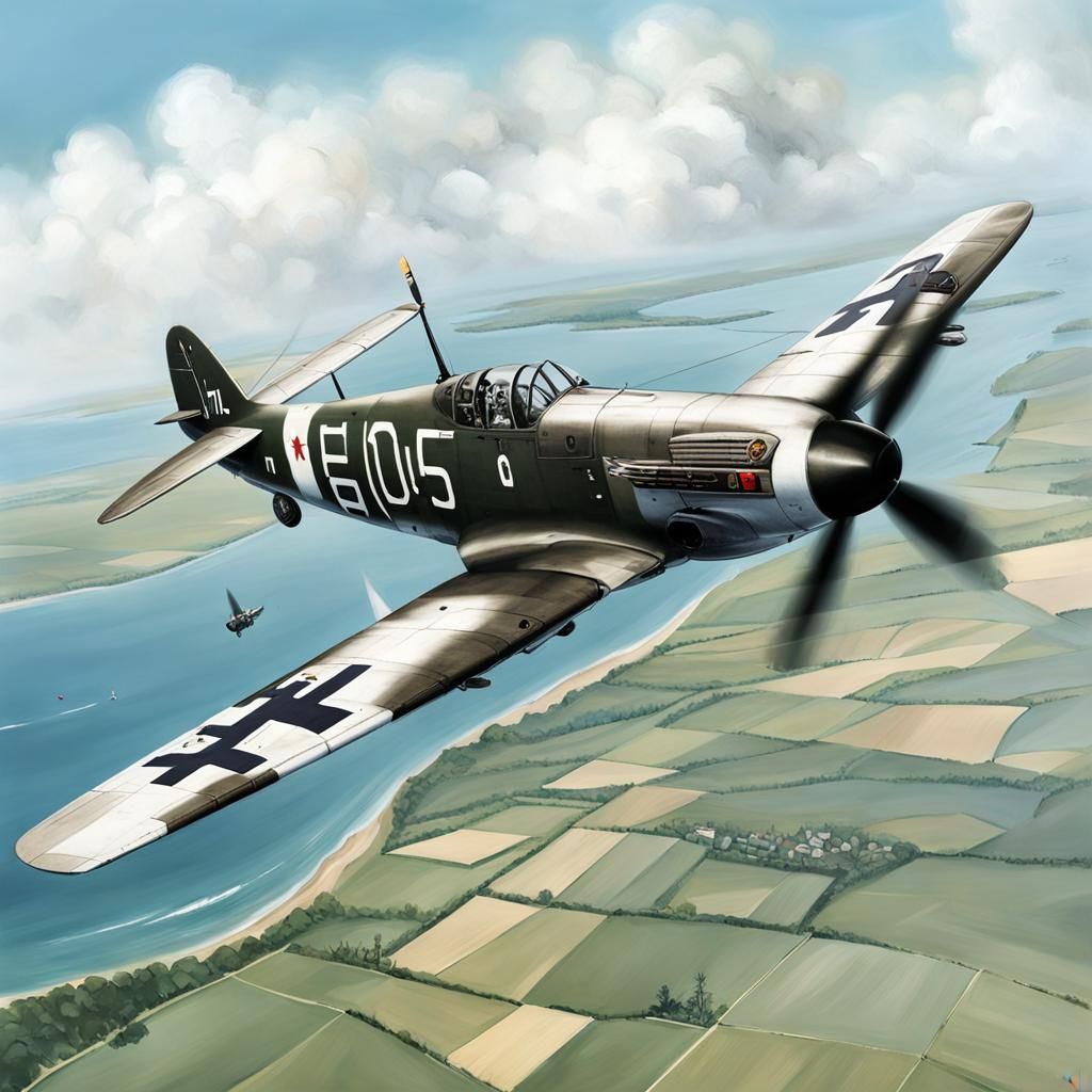 a Messerschmitt Bf 109G-6 flying over the English Channel.