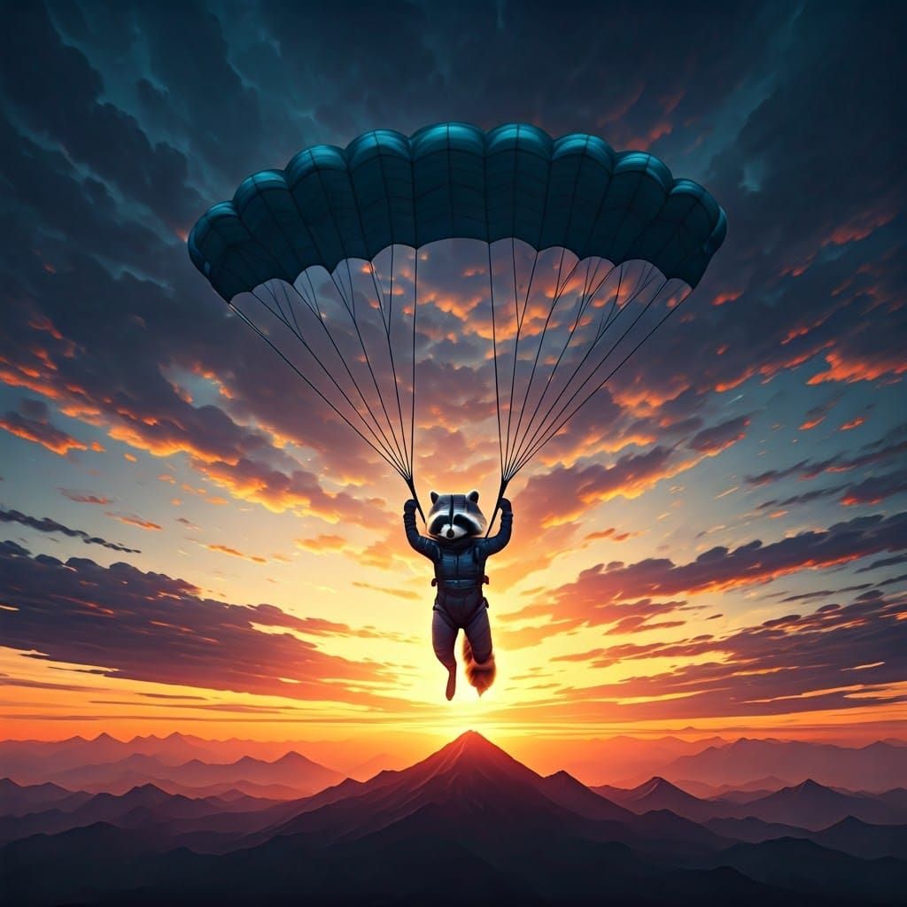 Raccoon Skydiving at Sunset in Digital Matte Painting Style