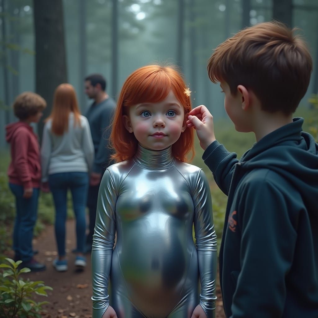 Redhead Girl Hypnotized in Forest, Hyperrealistic Style