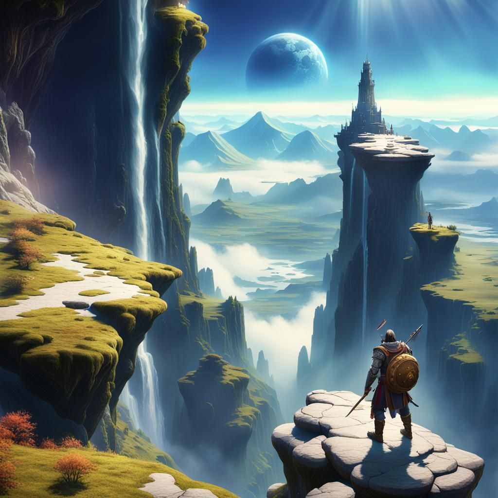 Mystical Mountain Warrior in Fantasy Landscape