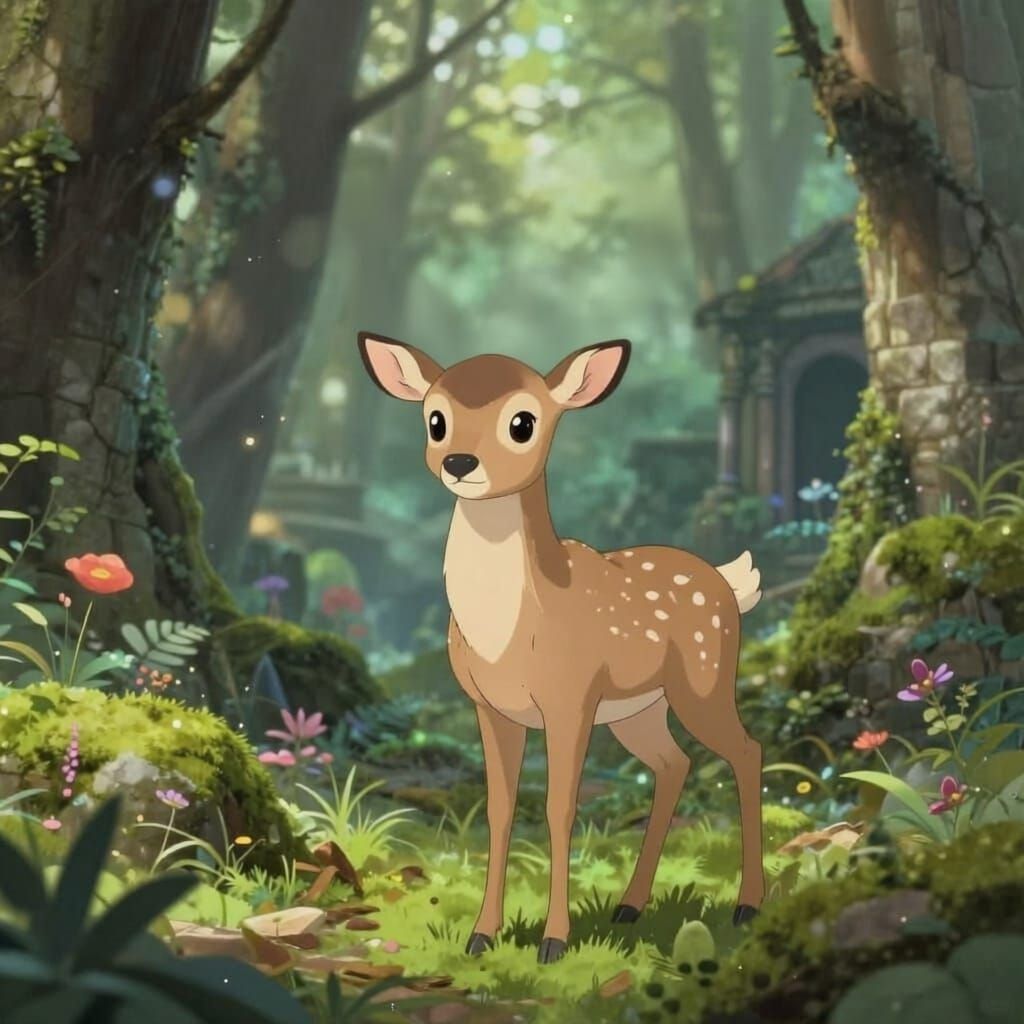 Cute Anime Deer in Mossy Ancient City, Magical Illustrative ...