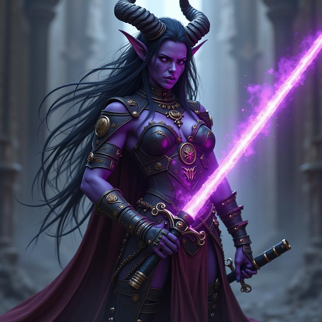 Tiefling Warlock Woman with Magical Sword