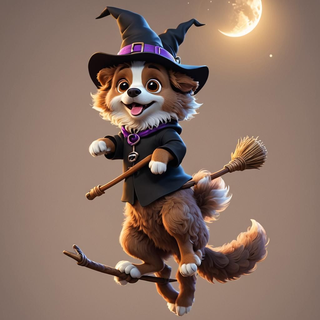 Dog in Witch Hat Flying by Moon in 3D