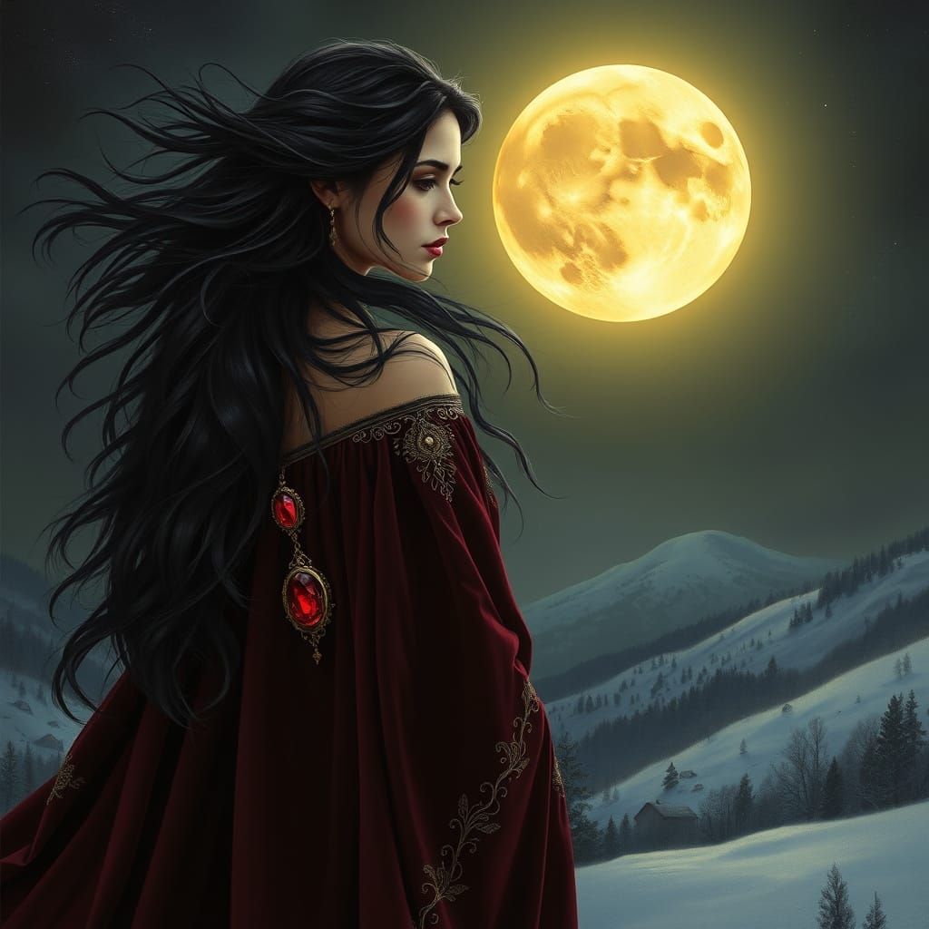 Enchanting Goddess in Velvet Robe Under Full Moon