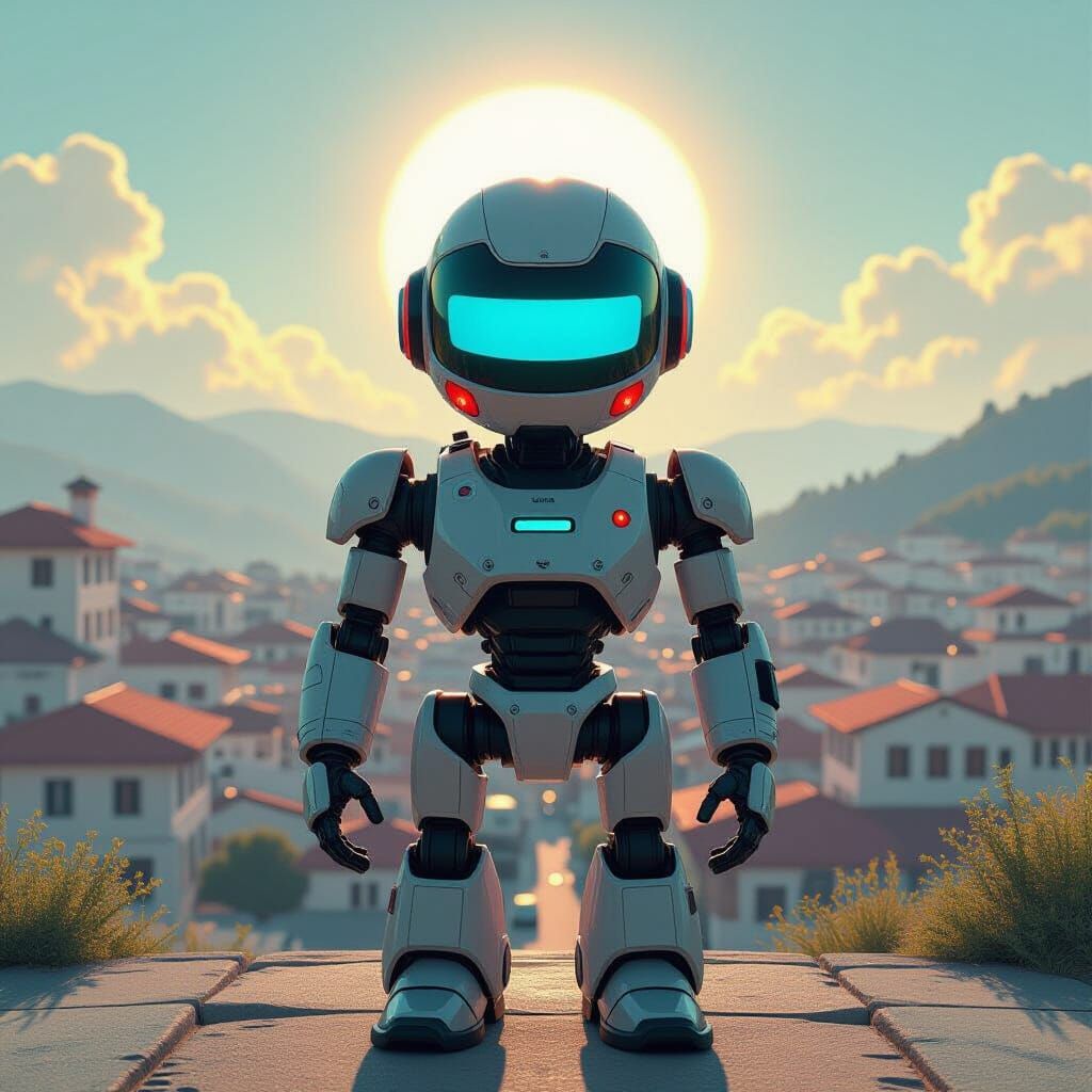 Robot in Sunlit Town: Retro-Futuristic Sci-Fi Art