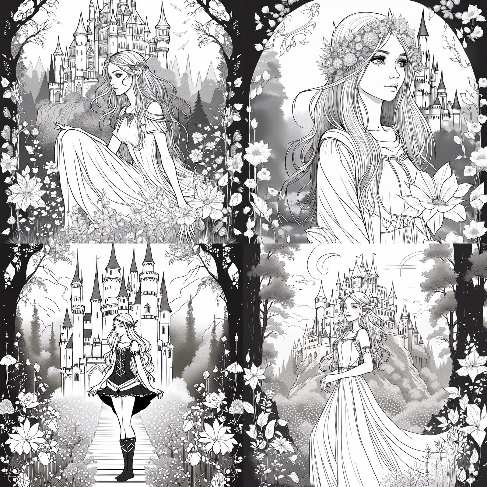 Enchanted Elf Maiden Amidst Whimsical Castle and Blooming Fo...