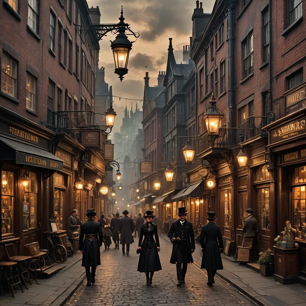 Steampunk Victorian Street with Gaslight at Dusk