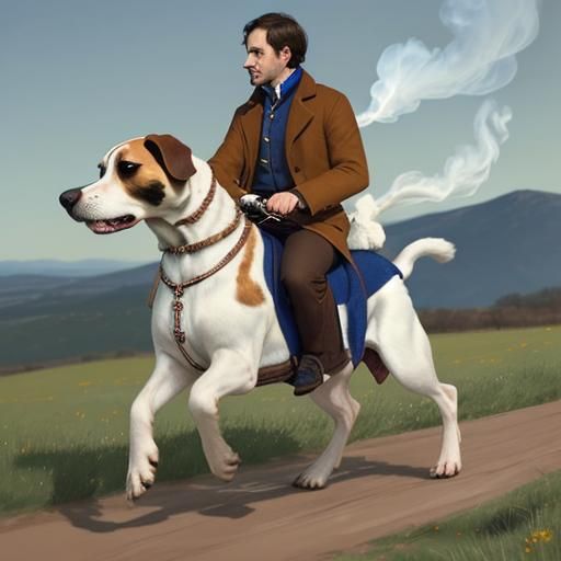 Man Rides Giant Beagle Amidst Dreamy Fire