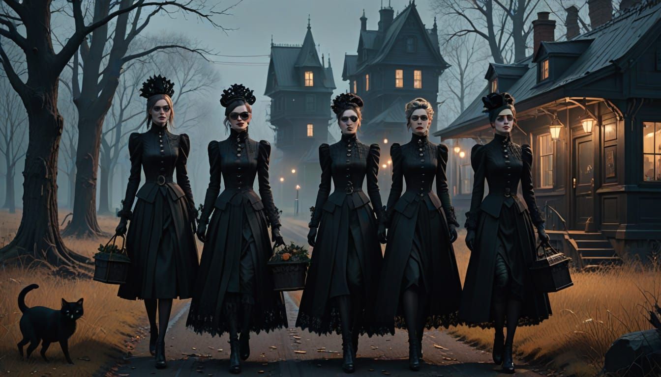 Gothic Sirens in Mourning Attire, Exuding Dark Elegance