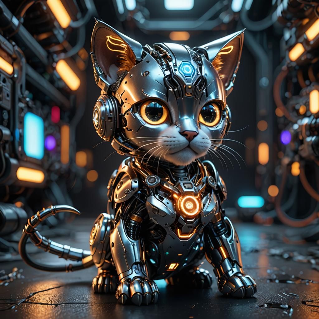 Detailed 3D Render of a Cyborg Kitten