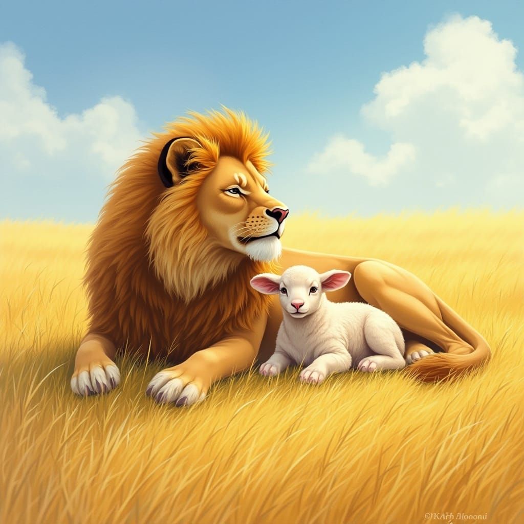 Golden Lion and Lamb in a Serene Countryside Scene