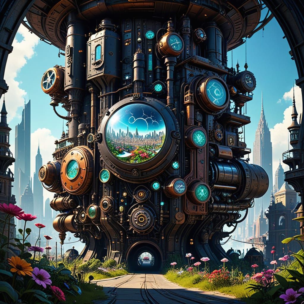 Vibrant Eco Punk Metropolis in Steampunk Splendor