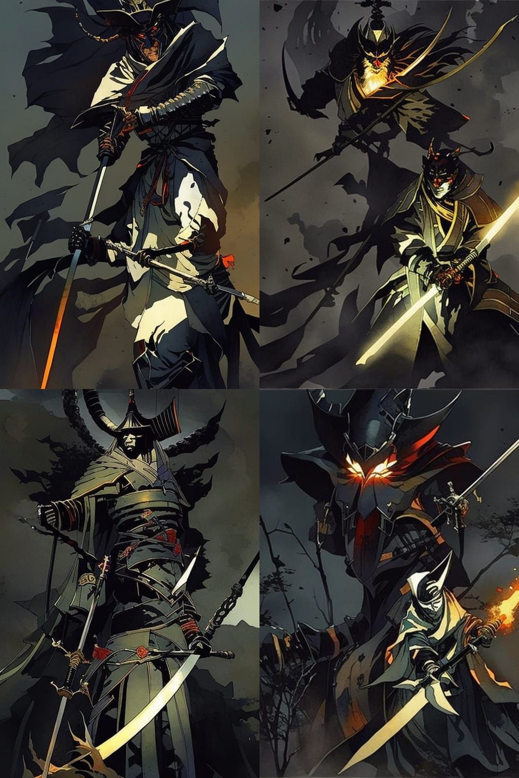 African Samurai Demon Tiger in Feudal Japan Watercolor