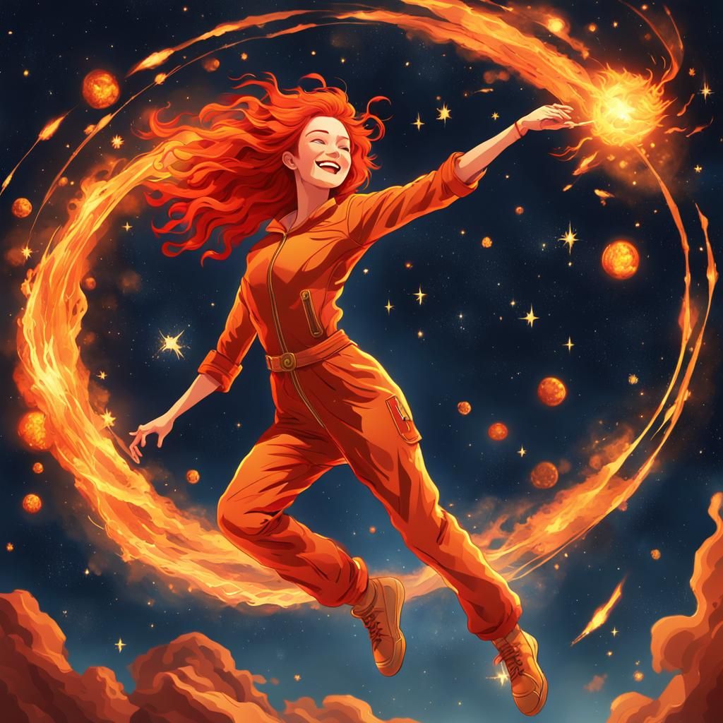 Celestial Fire Girl Soaring Through Space