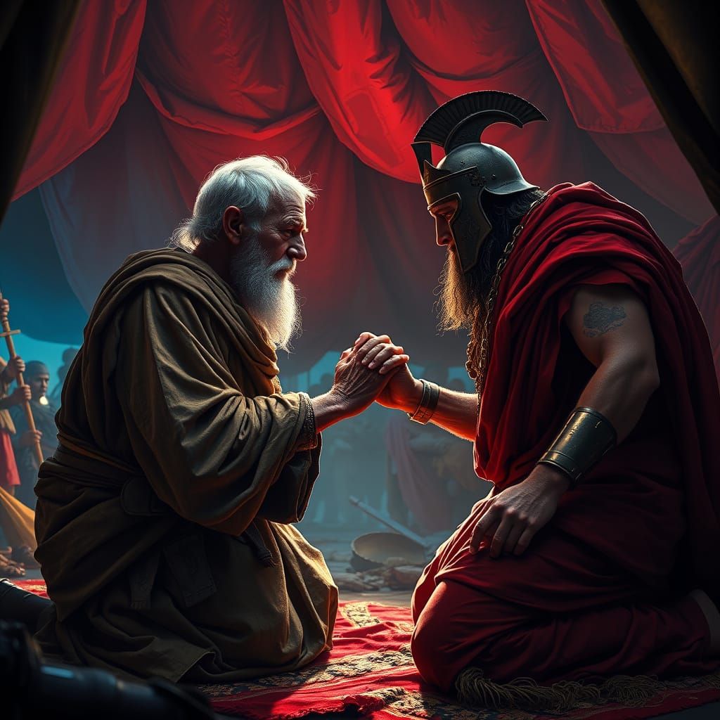 Elderly King Priam Kneels Before the Warrior Achilles in a D...