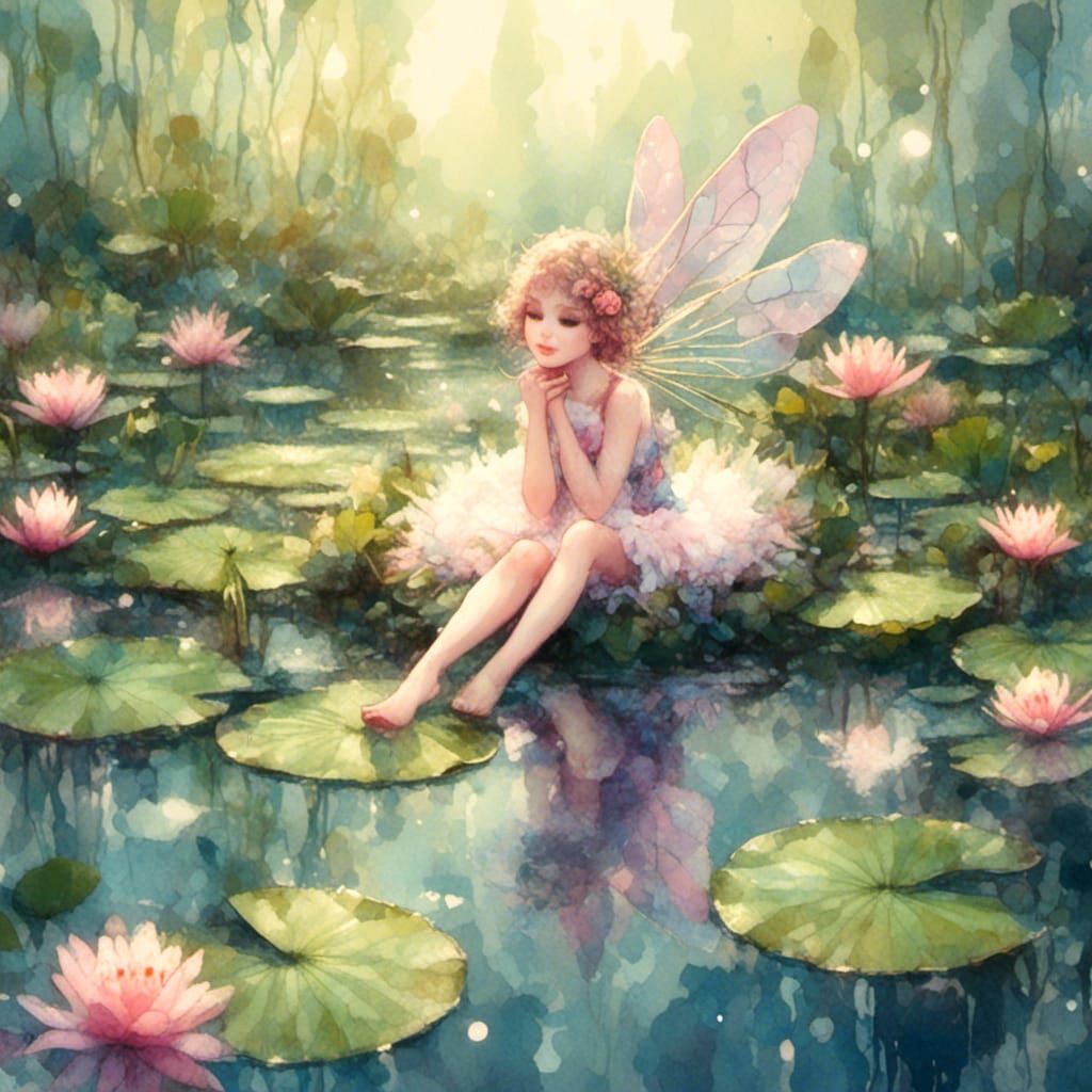 Enchanting Fae on Lily Pad in Watercolor Style