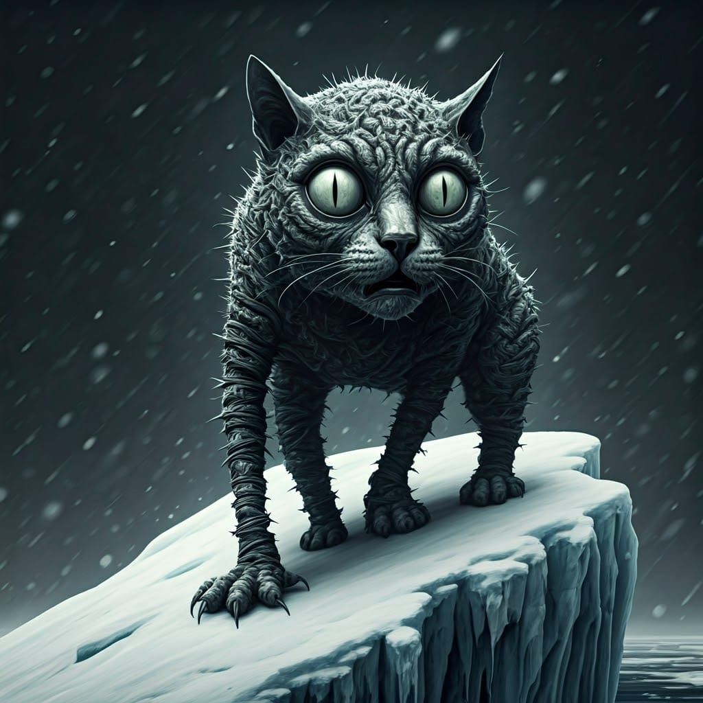 Grotesque Barbed Wire Cat-Devil on Iceberg