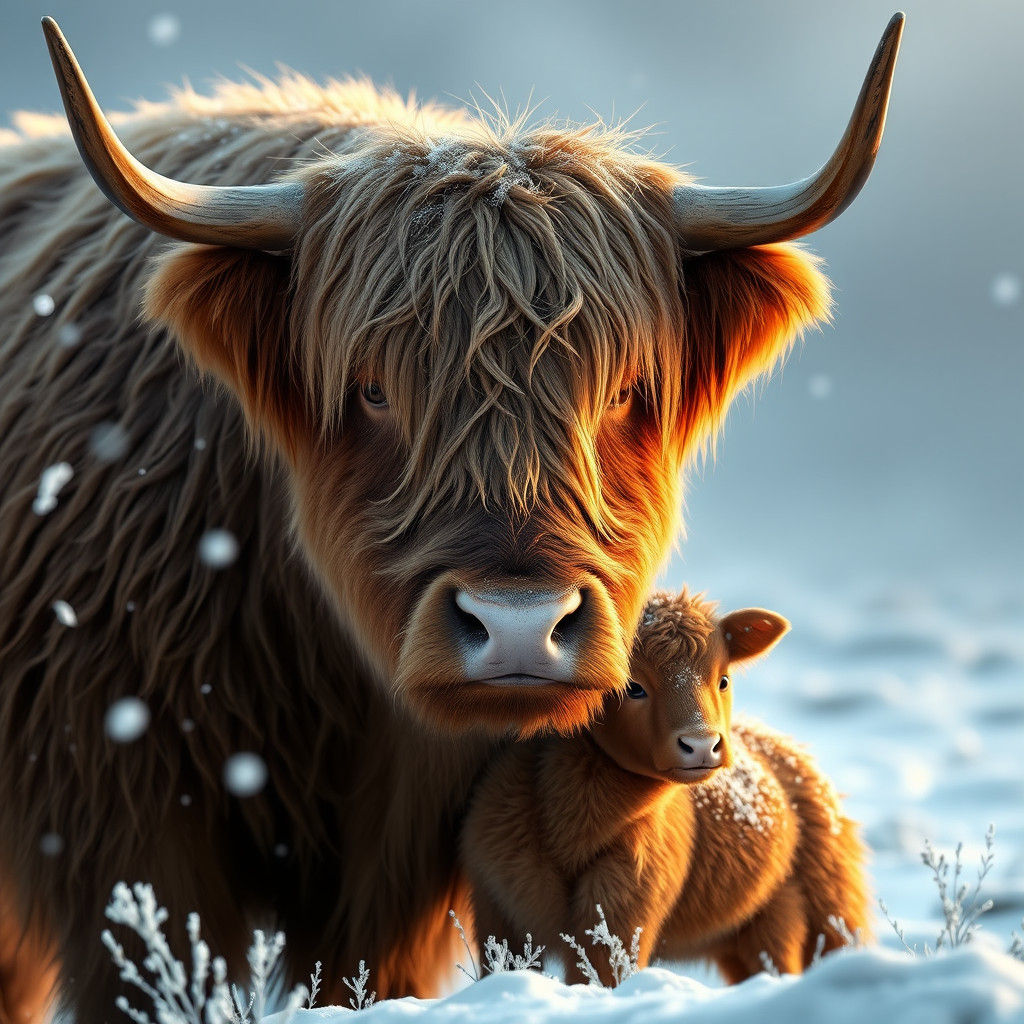 Highland Cow and Calf in Snowy Landscape