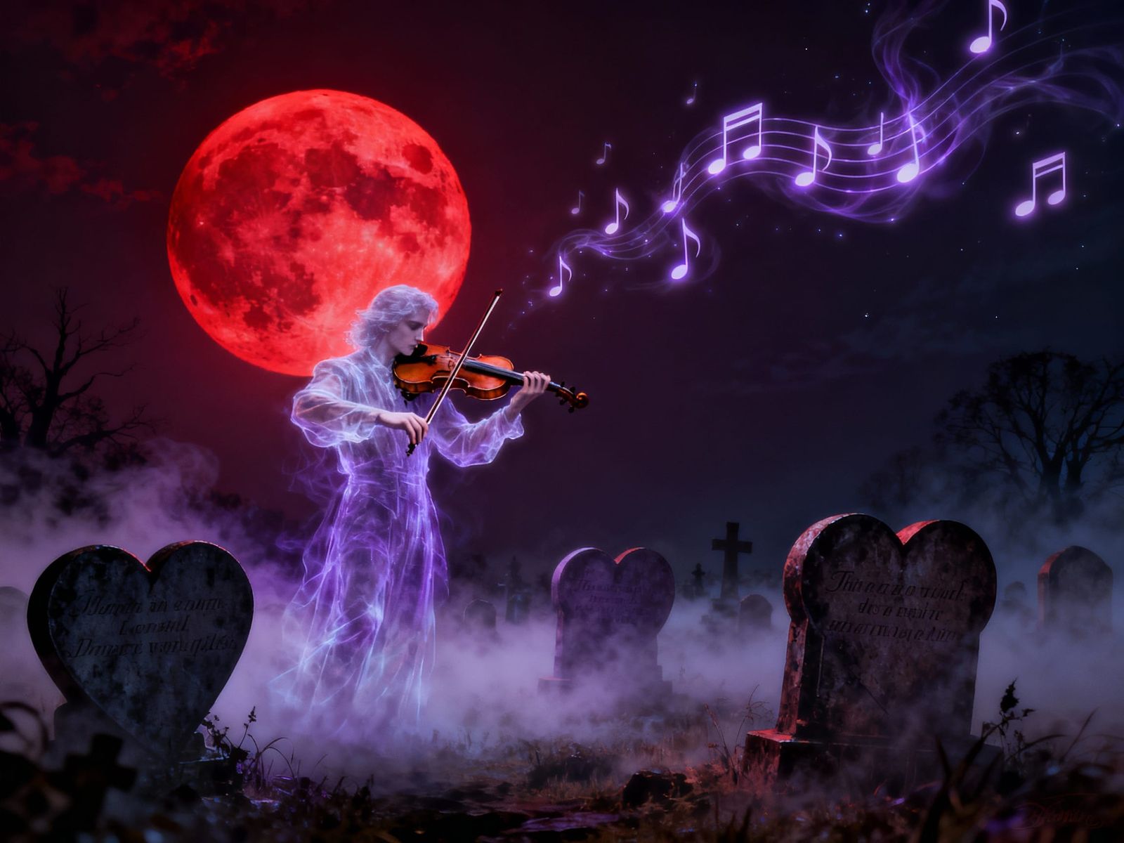 Spectral Violinist Under Bleeding Moon in Gothic Graveyard