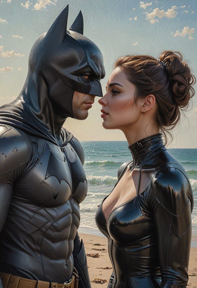 Catwoman Proposes to Batman: Oil Painting on Beach