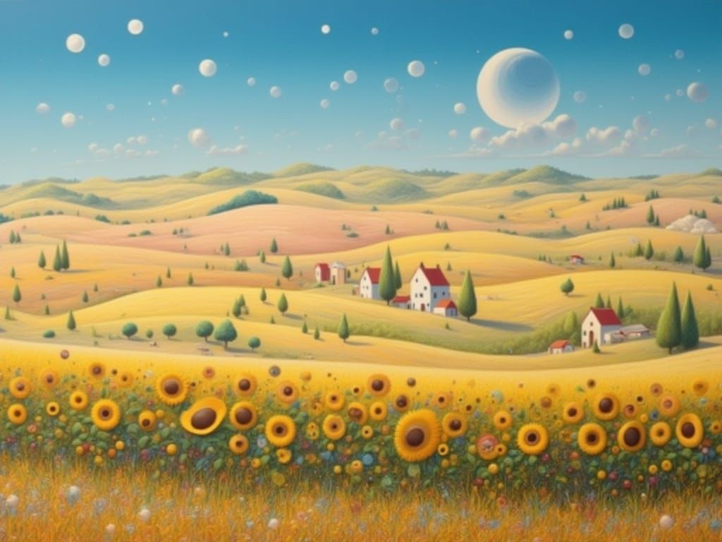 Surreal Rural Landscape: Sunflowers and Wheat Fields