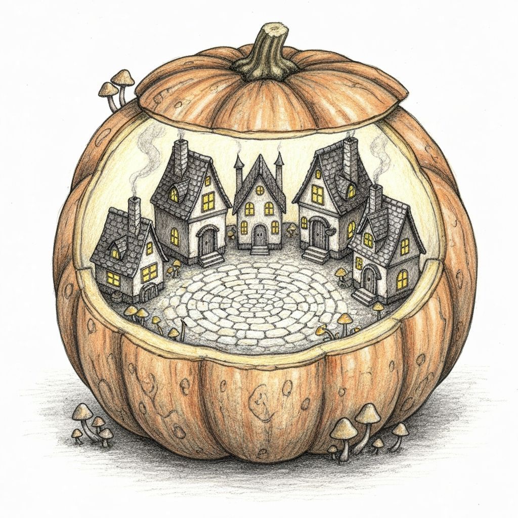 Whimsical Village Inside a Giant Pumpkin