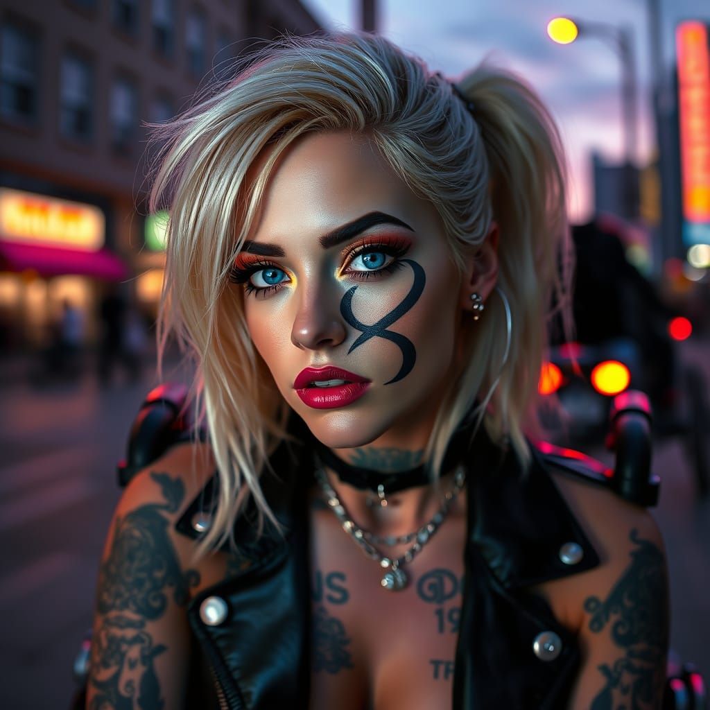 Electric Punk Goddess with 8 Tattoo, Blue Azure Eyes