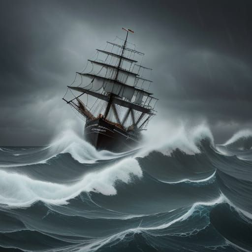 <lora:WreckedShips:1.0> A large sailing ship, caught in a tu...