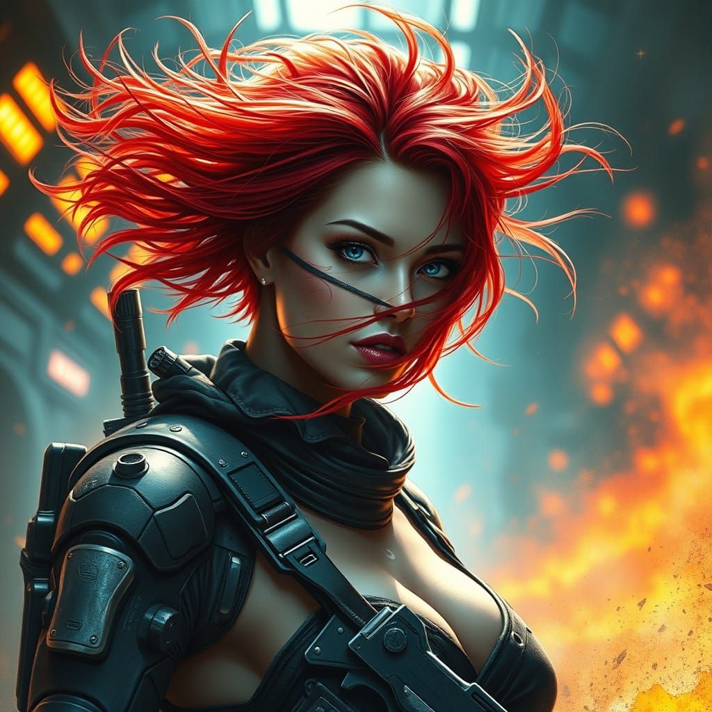 Futuristic Redhead Beauty in Sci-Fi Combat Gear