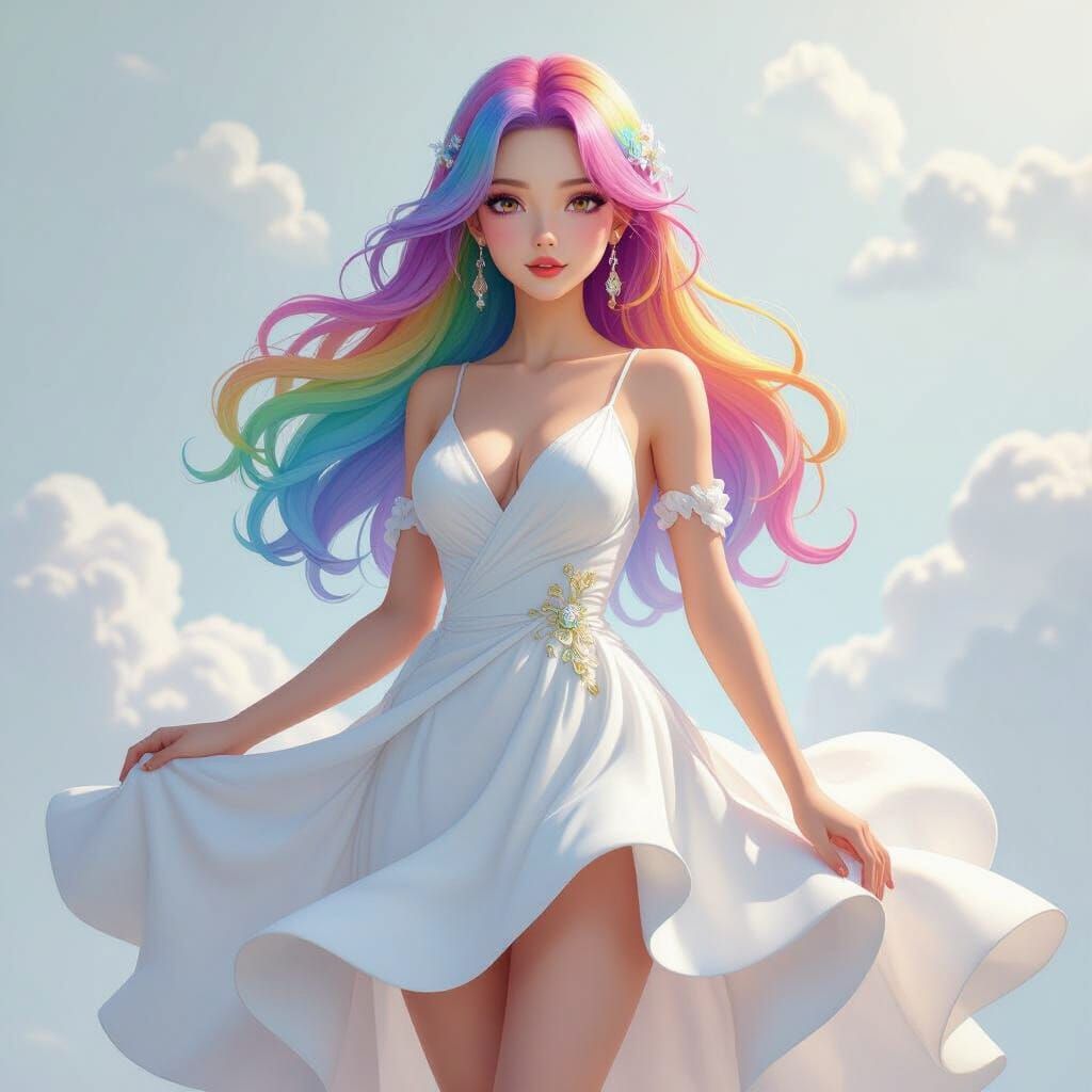 Rainbow-Haired Woman in Ethereal Anime Style