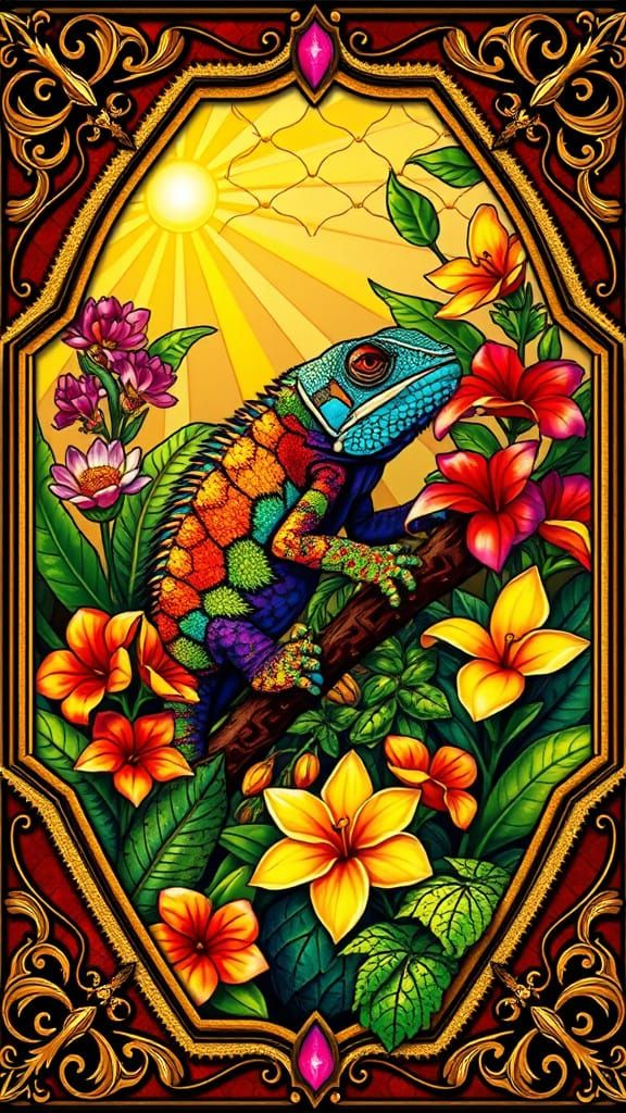 Vibrant Chameleon Amidst Lush Floral Splendor in Baroque Sty...