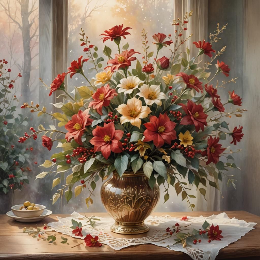 Winter Bouquet Watercolor Painting in Red and Gold