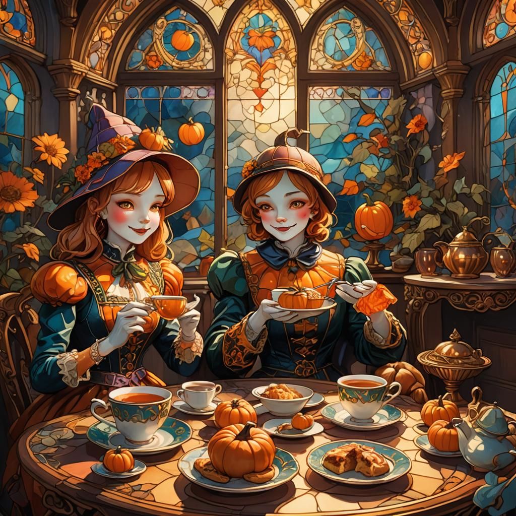 Anthropomorphic Pumpkins Share Tea in Cozy Fantasy Setting
