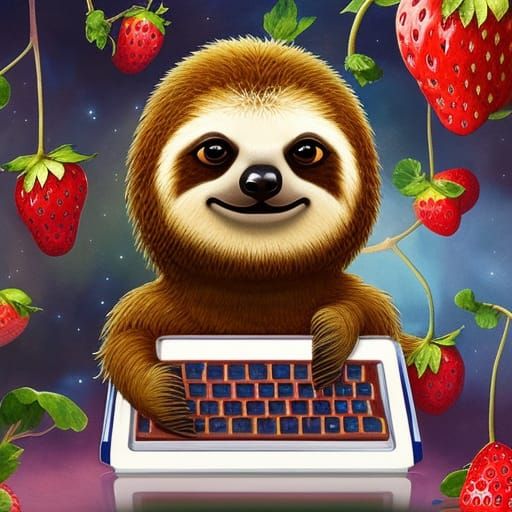 Sloth at Computer with Strawberries: Whimsical Illustration