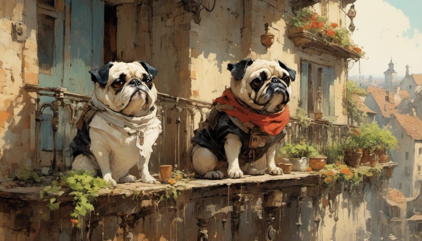 Pugs Overlook Town Street Illustration