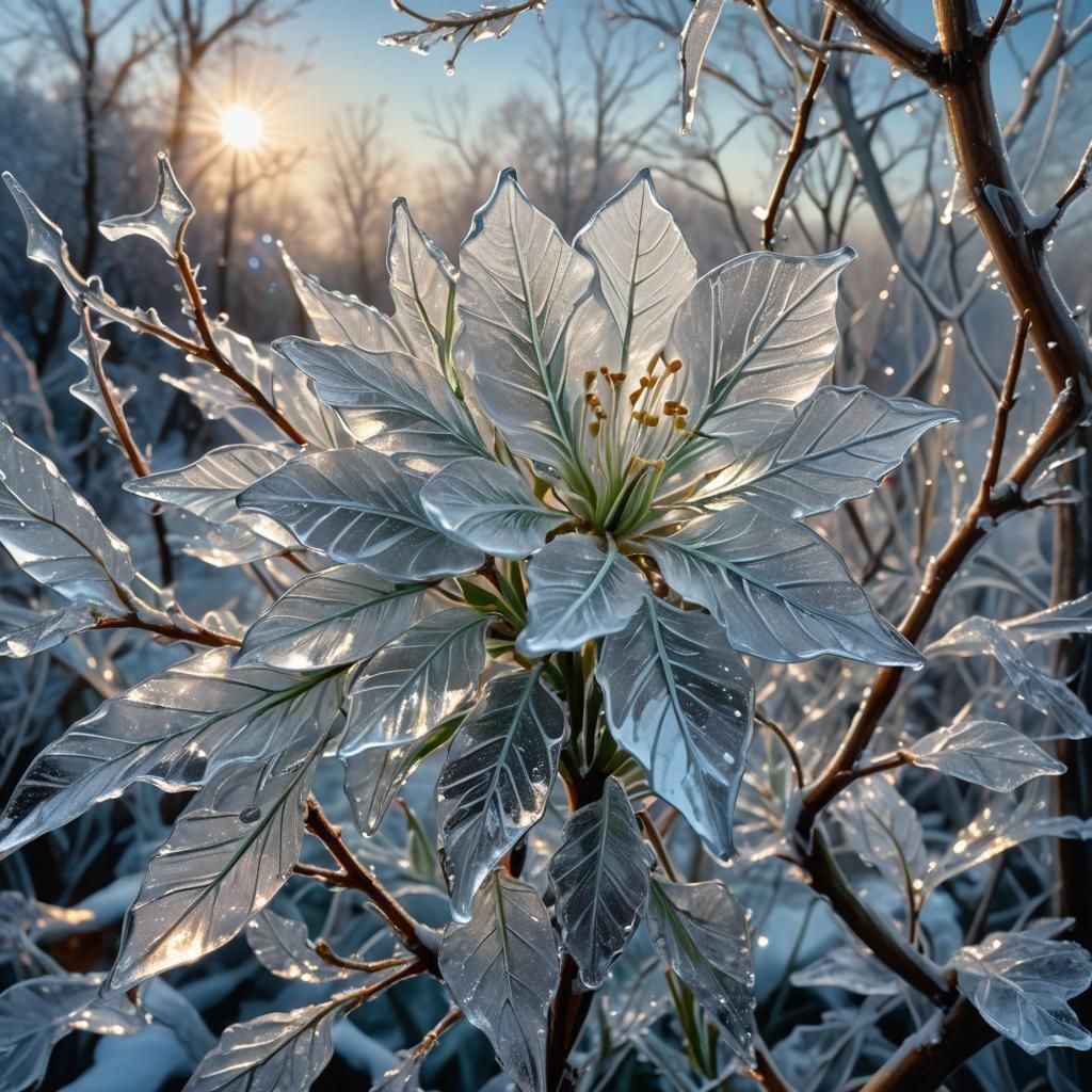 Hyperrealistic Ice Flower in Glassy Frost Shards