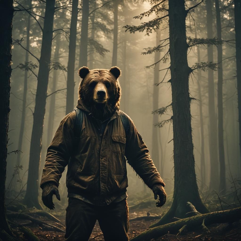 Menacing Bear in Misty Forest: Cinematic Film Still
